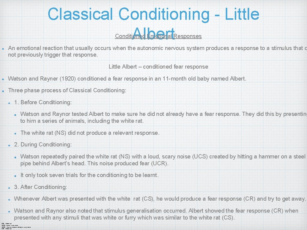 Classical Conditioning - Little Albert Conditioned Emotional Responses An emotional reaction that usually occurs
