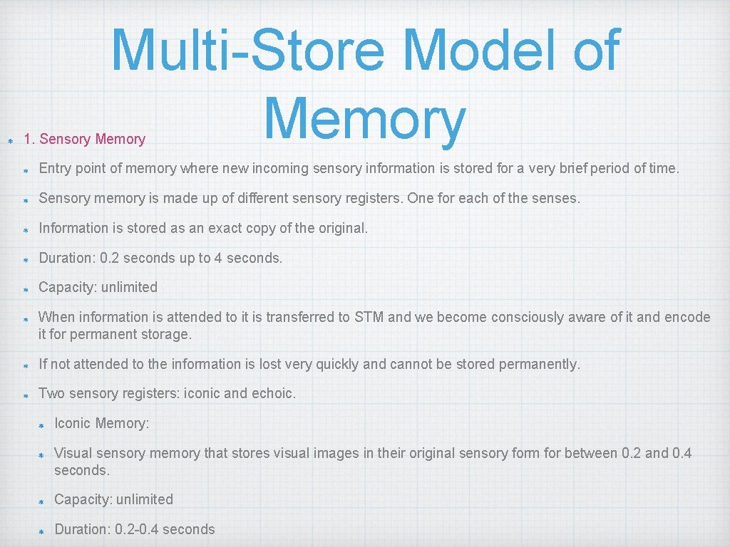 Multi-Store Model of Memory 1. Sensory Memory Entry point of memory where new incoming