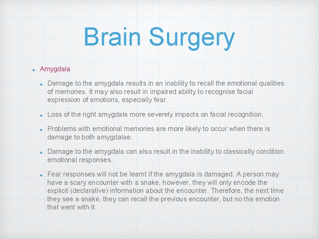 Brain Surgery Amygdala Damage to the amygdala results in an inability to recall the