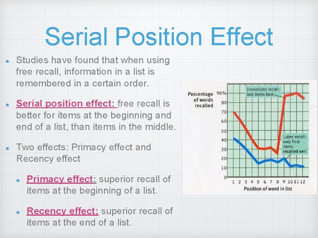 Serial Position Effect Studies have found that when using free recall, information in a