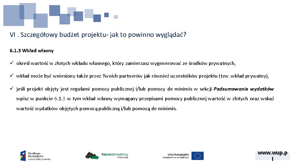 VI. Szczegółowy budżet projektu- jak to powinno wyglądać? 6. 1. 3 Wkład własny ü