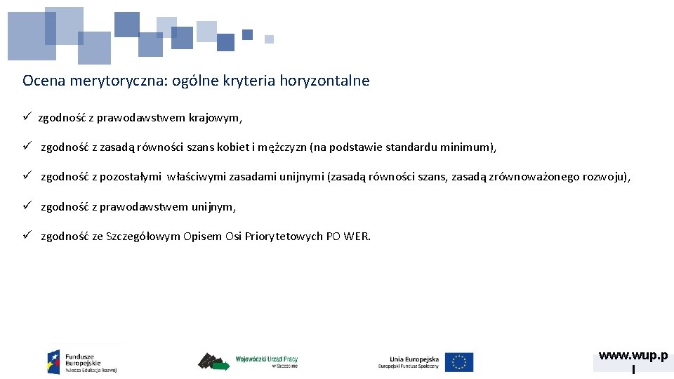 Ocena merytoryczna: ogólne kryteria horyzontalne ü zgodność z prawodawstwem krajowym, ü zgodność z zasadą