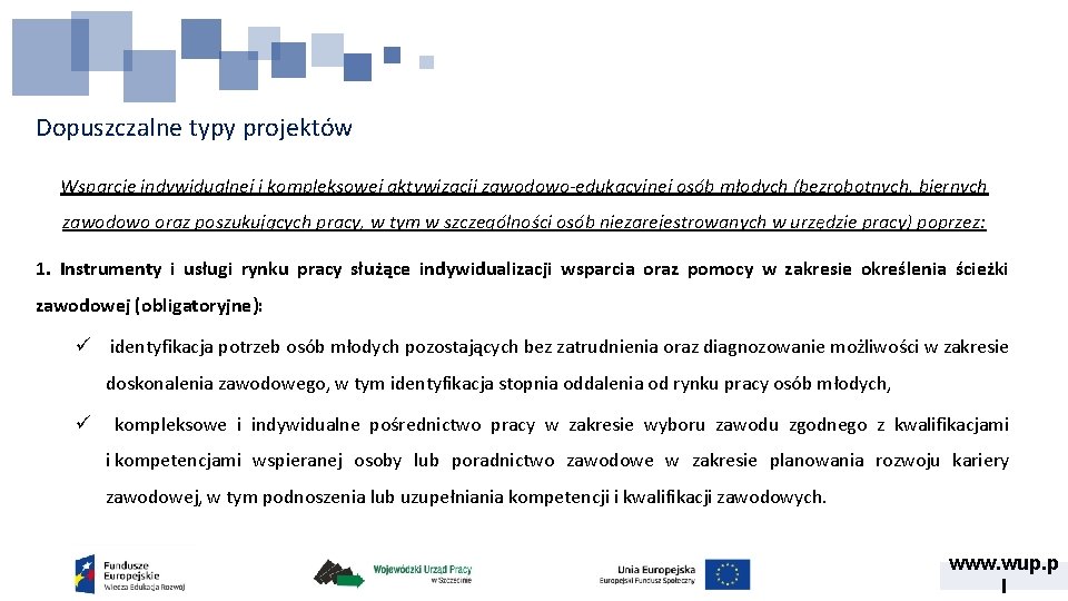 Dopuszczalne typy projektów Wsparcie indywidualnej i kompleksowej aktywizacji zawodowo-edukacyjnej osób młodych (bezrobotnych, biernych zawodowo