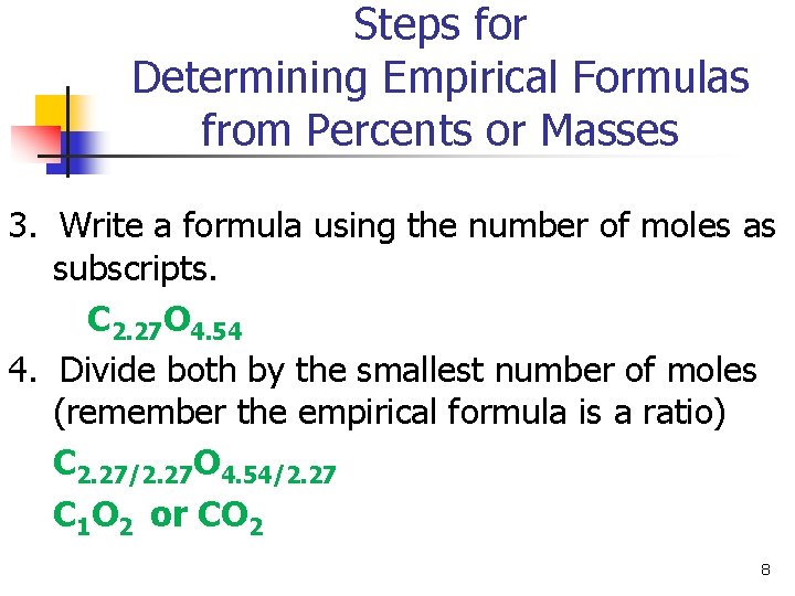 Steps for Determining Empirical Formulas from Percents or Masses 3. Write a formula using