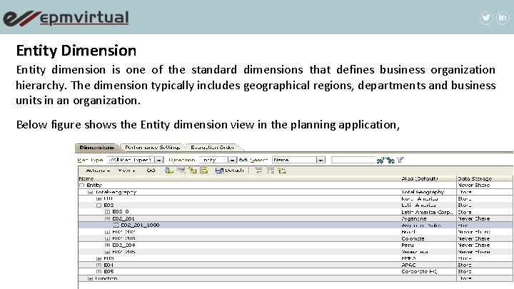 Entity Dimension Entity dimension is one of the standard dimensions that defines business organization Entity Dimension Entity dimension is one of the standard dimensions that defines business organization