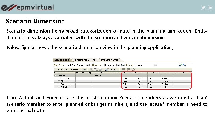 Scenario Dimension Scenario dimension helps broad categorization of data in the planning application. Entity Scenario Dimension Scenario dimension helps broad categorization of data in the planning application. Entity