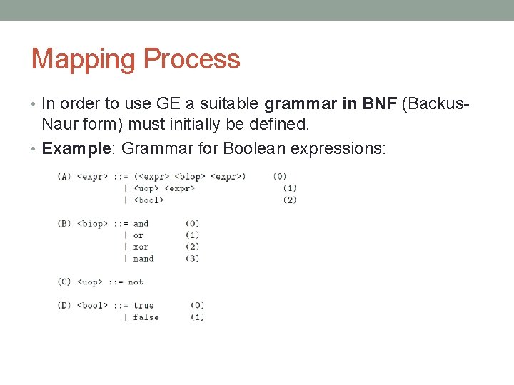 Mapping Process • In order to use GE a suitable grammar in BNF (Backus-