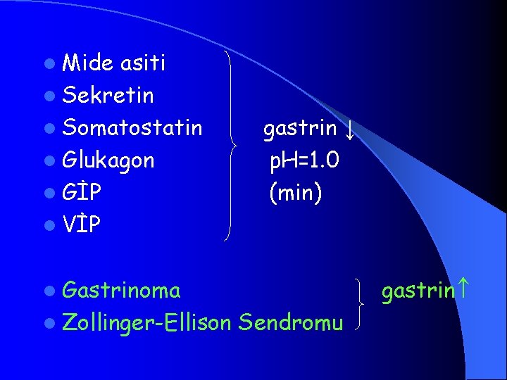 l Mide asiti l Sekretin l Somatostatin l Glukagon l GİP l VİP gastrin