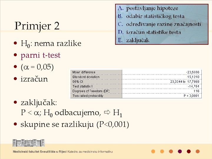 Primjer 2 • • H 0: nema razlike parni t-test (a = 0, 05)