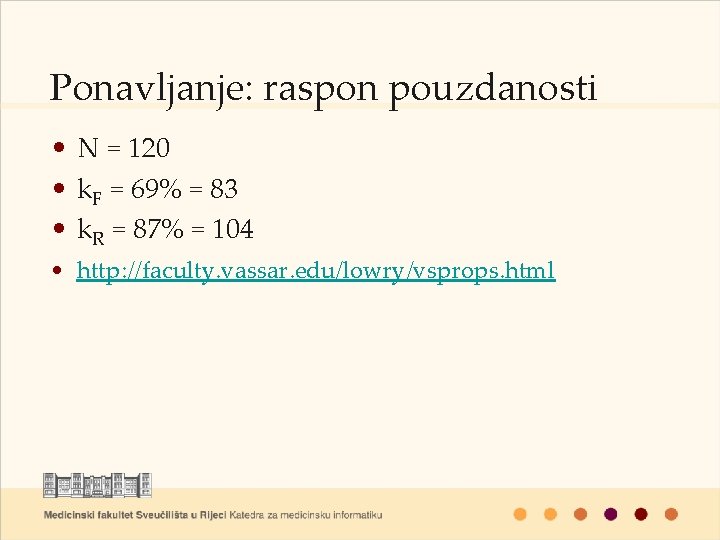 Ponavljanje: raspon pouzdanosti • N = 120 • k. F = 69% = 83