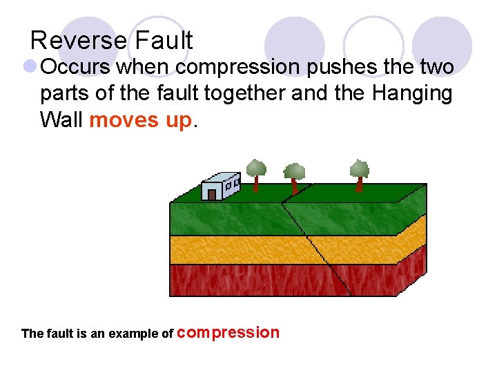Reverse Fault l Occurs when compression pushes the two parts of the fault together Reverse Fault l Occurs when compression pushes the two parts of the fault together