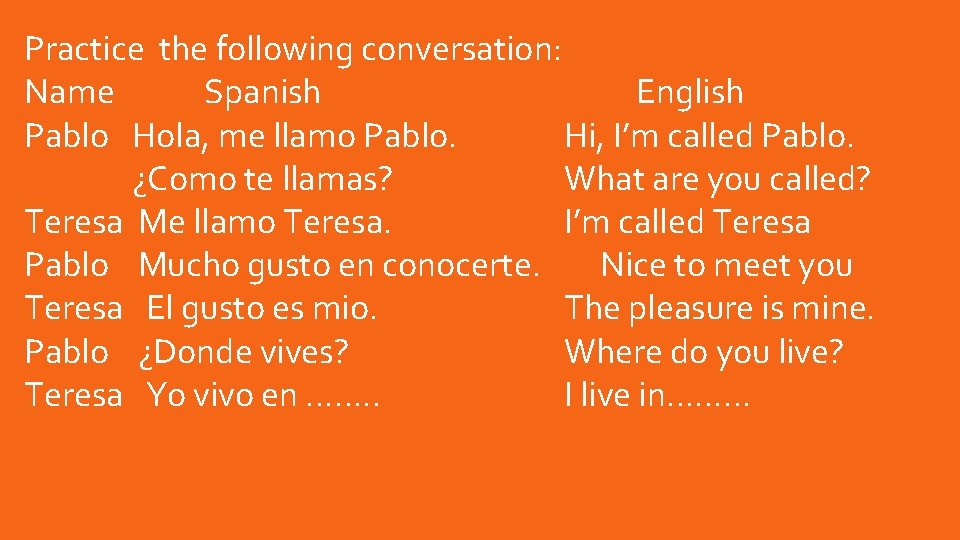 Practice the following conversation: Name Spanish English Pablo Hola, me llamo Pablo. Hi, I’m Practice the following conversation: Name Spanish English Pablo Hola, me llamo Pablo. Hi, I’m