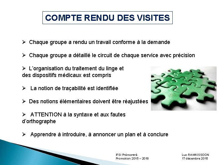 COMPTE RENDU DES VISITES Ø Chaque groupe a rendu un travail conforme à la