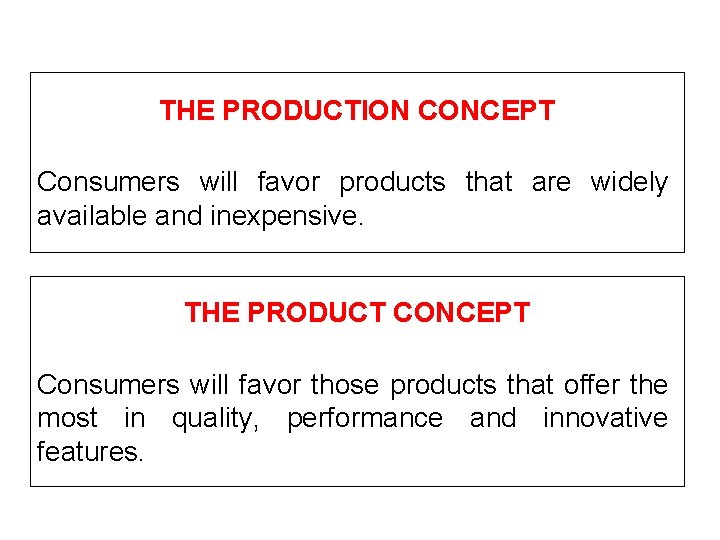 THE PRODUCTION CONCEPT Consumers will favor products that are widely available and inexpensive. THE