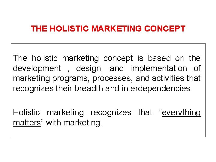 THE HOLISTIC MARKETING CONCEPT The holistic marketing concept is based on the development ,