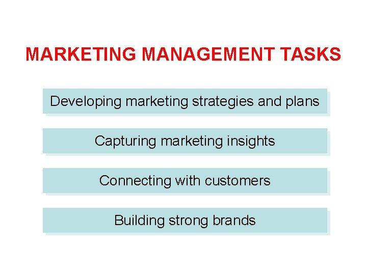 MARKETING MANAGEMENT TASKS Developing marketing strategies and plans Capturing marketing insights Connecting with customers