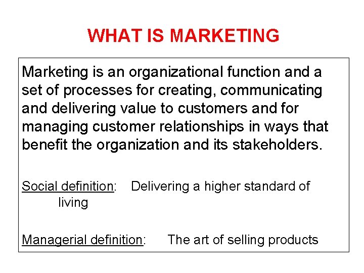 WHAT IS MARKETING Marketing is an organizational function and a set of processes for