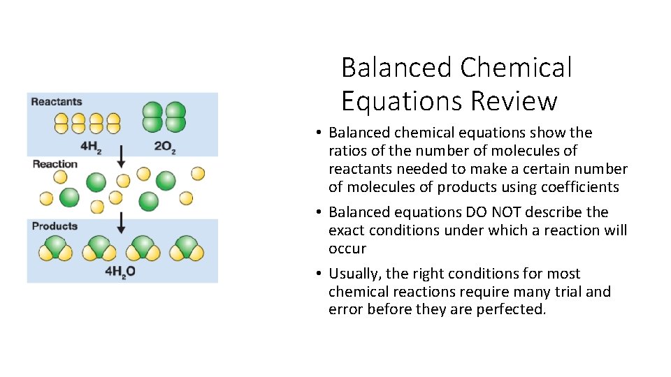 Balanced Chemical Equations Review • Balanced chemical equations show the ratios of the number