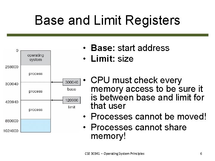 Base and Limit Registers • Base: start address • Limit: size • CPU must