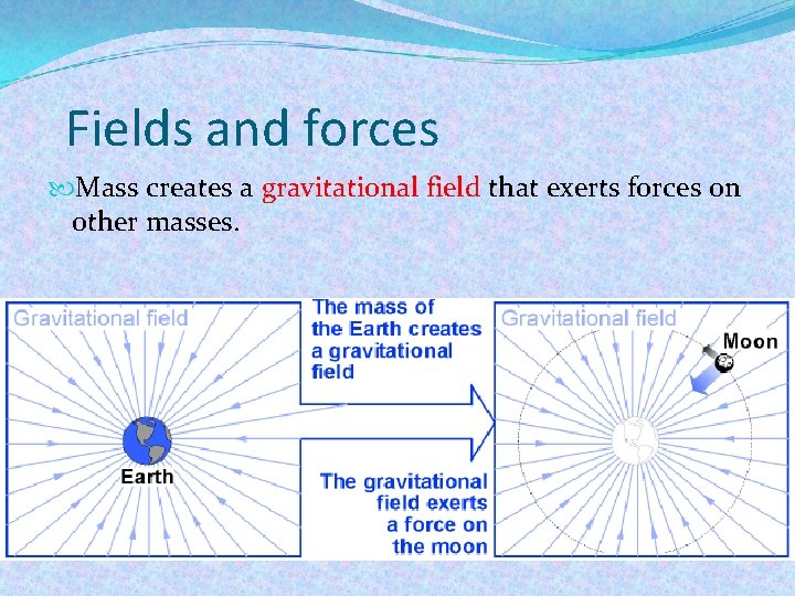 Fields and forces Mass creates a gravitational field that exerts forces on other masses.