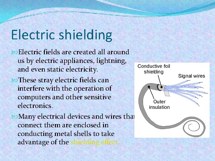 Electric shielding Electric fields are created all around us by electric appliances, lightning, and