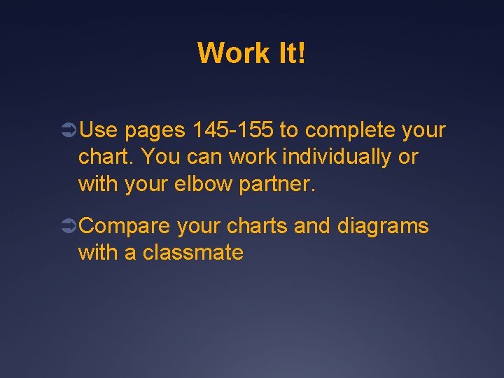 Work It! Ü Use pages 145 -155 to complete your chart. You can work