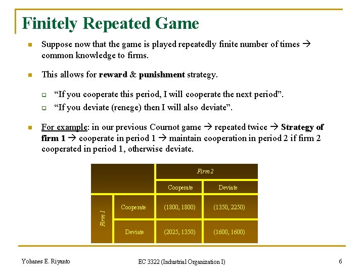 Finitely Repeated Game n Suppose now that the game is played repeatedly finite number