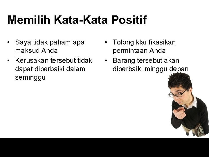 Memilih Kata-Kata Positif • Saya tidak paham apa maksud Anda • Kerusakan tersebut tidak