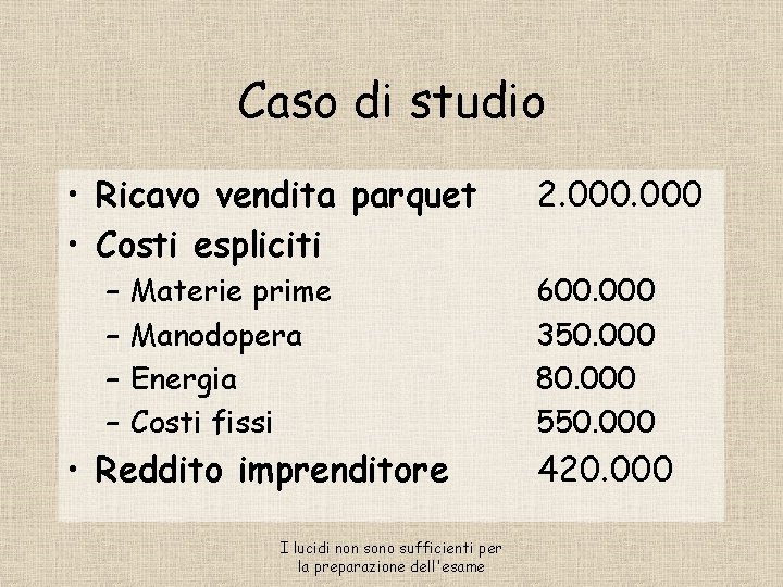 Caso di studio • Ricavo vendita parquet • Costi espliciti – – Materie prime