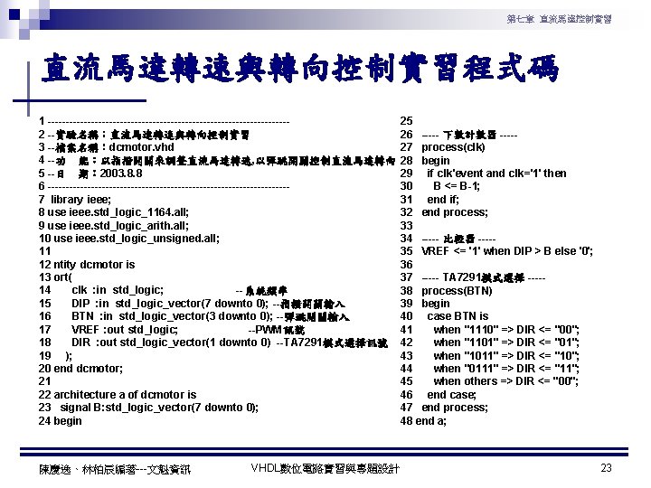 第七章 直流馬達控制實習 直流馬達轉速與轉向控制實習程式碼 1 ---------------------------------2 --實驗名稱：直流馬達轉速與轉向控制實習 3 --檔案名稱：dcmotor. vhd 4 --功 能：以指撥開關來調整直流馬達轉速, 以彈跳開關控制直流馬達轉向 5