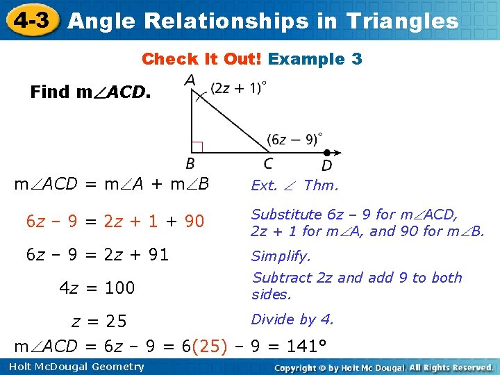 4 -3 Angle Relationships in Triangles Check It Out! Example 3 Find m ACD