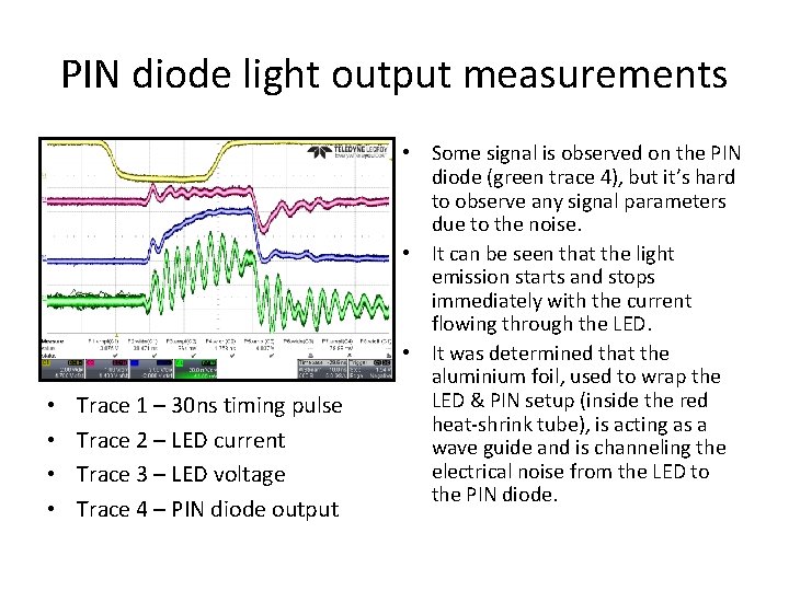 PIN diode light output measurements • • Trace 1 – 30 ns timing pulse