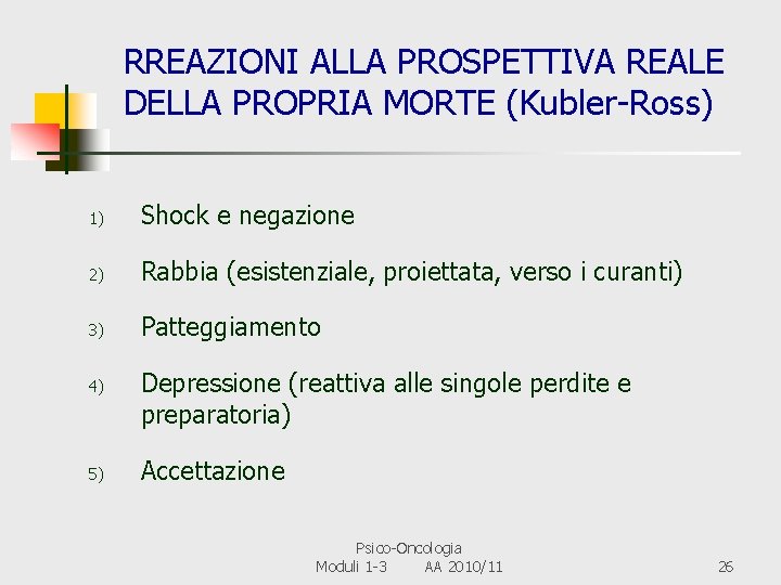 RREAZIONI ALLA PROSPETTIVA REALE DELLA PROPRIA MORTE (Kubler-Ross) 1) Shock e negazione 2) Rabbia