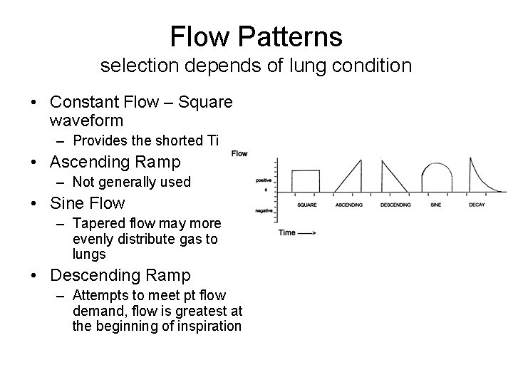 Flow Patterns selection depends of lung condition • Constant Flow – Square waveform –