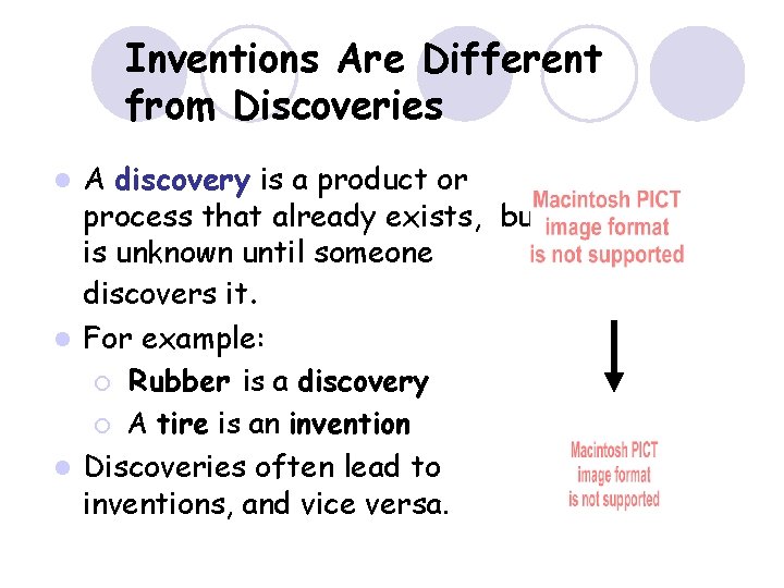 Inventions Are Different from Discoveries A discovery is a product or process that already