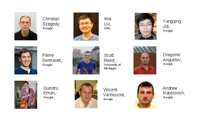 Christian Szegedy, Wei Liu, Google UNC Yangqing Jia, Pierre Sermanet, Scott Reed, Dragomir Anguelov,