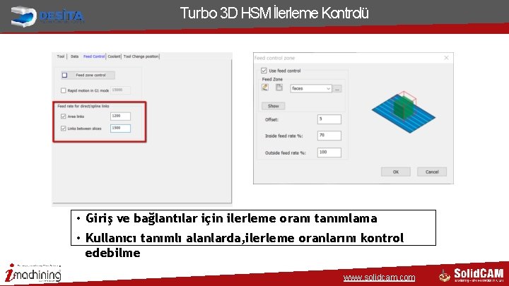 Turbo 3 D HSM İlerleme Kontrolü • Giriş ve bağlantılar için ilerleme oranı tanımlama Turbo 3 D HSM İlerleme Kontrolü • Giriş ve bağlantılar için ilerleme oranı tanımlama