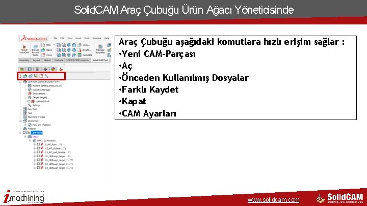 Solid. CAM Araç Çubuğu Ürün Ağacı Yöneticisinde Araç Çubuğu aşağıdaki komutlara hızlı erişim sağlar Solid. CAM Araç Çubuğu Ürün Ağacı Yöneticisinde Araç Çubuğu aşağıdaki komutlara hızlı erişim sağlar