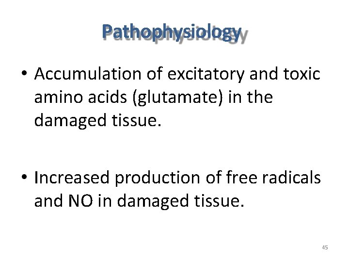 Pathophysiology • Accumulation of excitatory and toxic amino acids (glutamate) in the damaged tissue. Pathophysiology • Accumulation of excitatory and toxic amino acids (glutamate) in the damaged tissue.