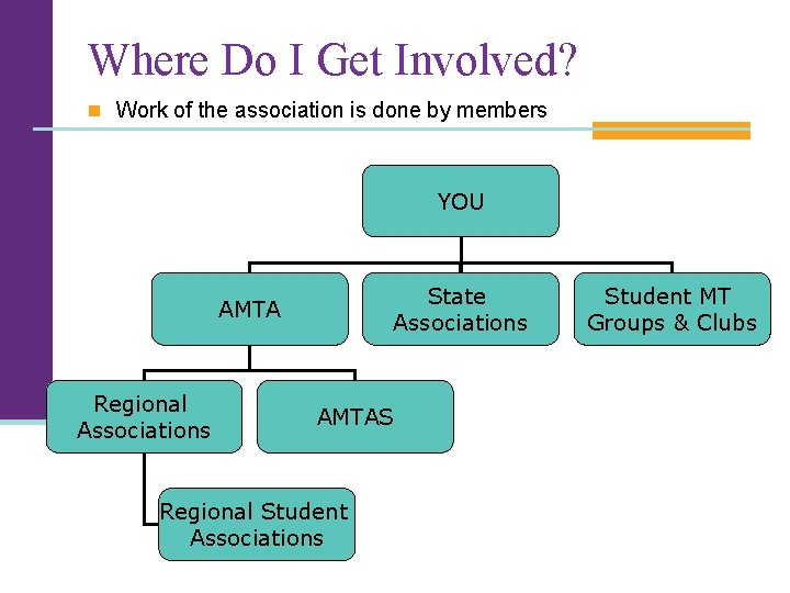 Where Do I Get Involved? n Work of the association is done by members