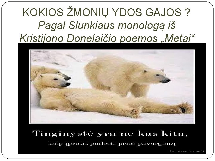 KOKIOS ŽMONIŲ YDOS GAJOS ? Pagal Slunkiaus monologą iš Kristijono Donelaičio poemos „Metai“ 