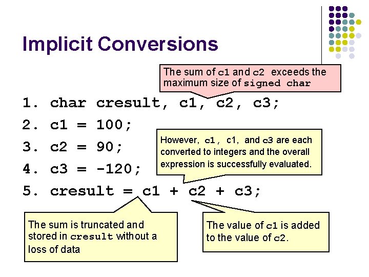 Implicit Conversions The sum of c 1 and c 2 exceeds the maximum size Implicit Conversions The sum of c 1 and c 2 exceeds the maximum size