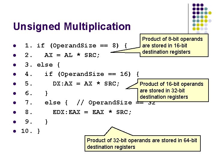 Unsigned Multiplication l l l l l Product of 8 -bit operands are stored Unsigned Multiplication l l l l l Product of 8 -bit operands are stored