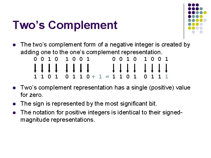 Two’s Complement l The two’s complement form of a negative integer is created by Two’s Complement l The two’s complement form of a negative integer is created by