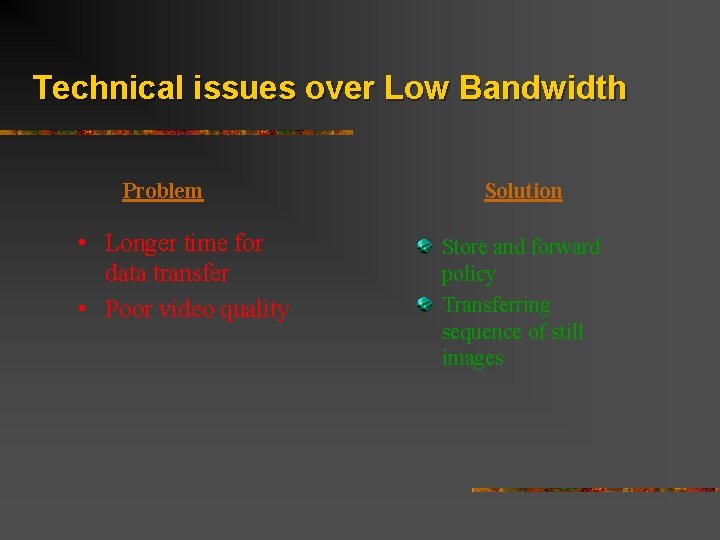 Technical issues over Low Bandwidth Problem • Longer time for data transfer • Poor