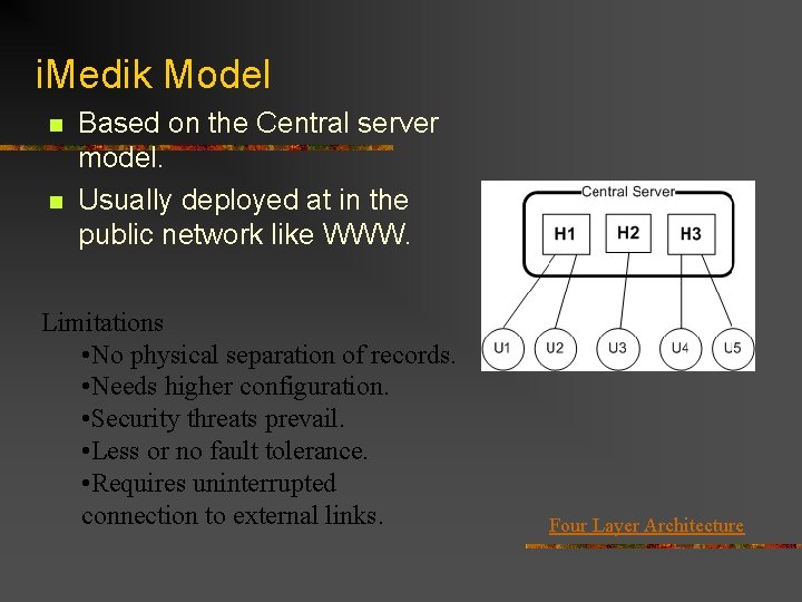 i. Medik Model n n Based on the Central server model. Usually deployed at