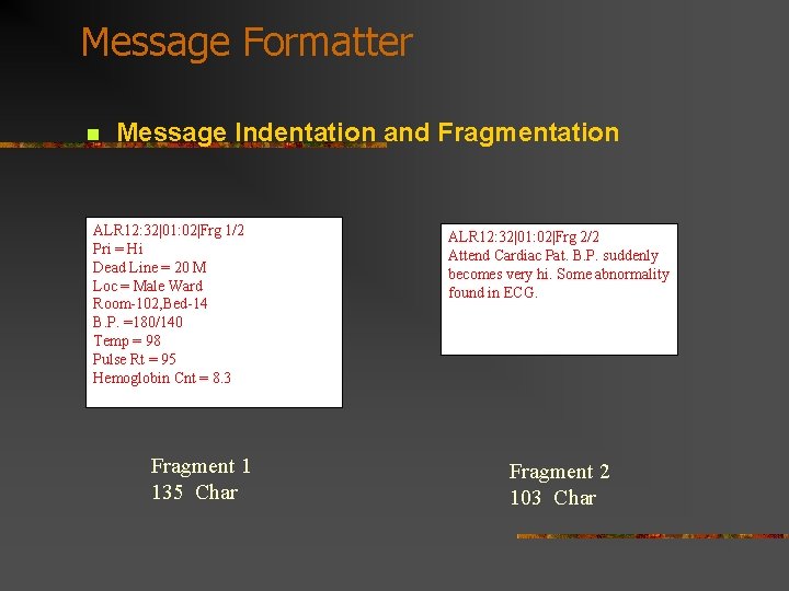 Message Formatter n Message Indentation and Fragmentation ALR 12: 32|01: 02|Frg 1/2 Pri =