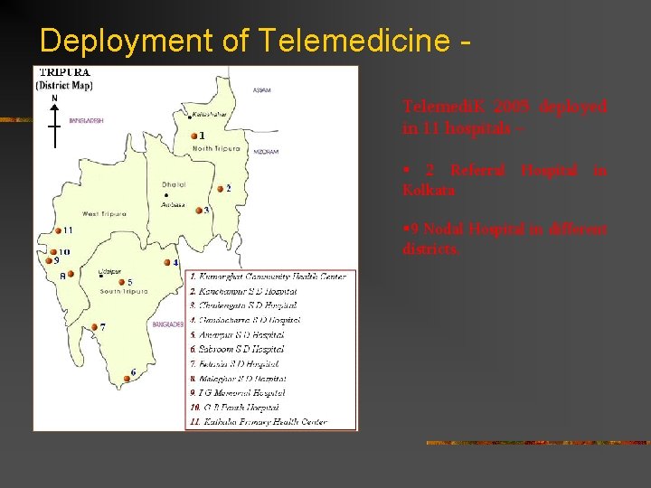 Deployment of Telemedicine Tripura Telemedi. K 2005 deployed in 11 hospitals – § 2