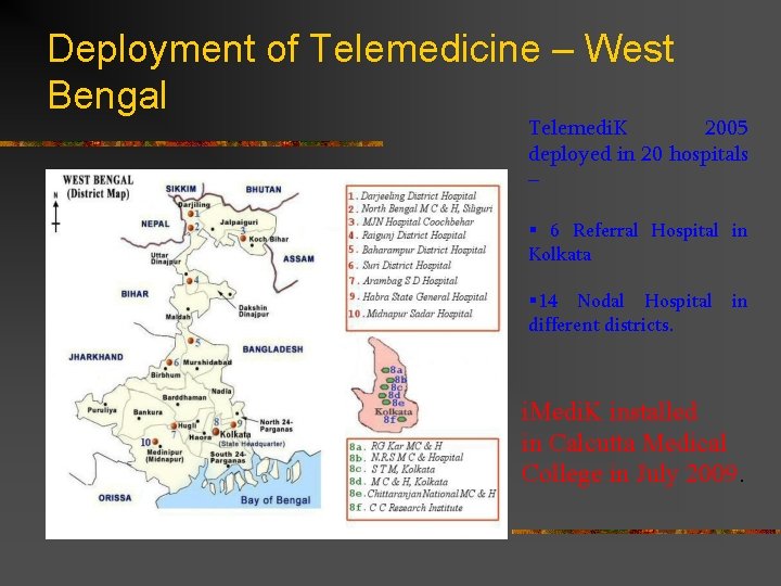 Deployment of Telemedicine – West Bengal Telemedi. K 2005 deployed in 20 hospitals –