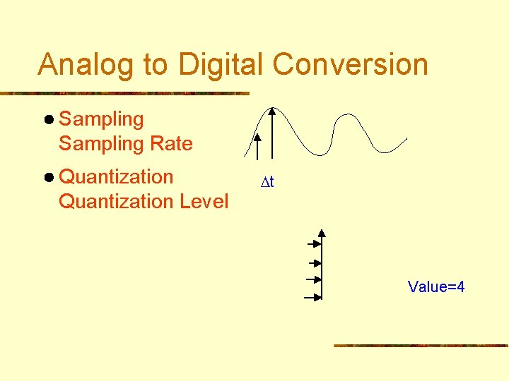 Analog to Digital Conversion ● Sampling Rate ● Quantization Level t q Value=4 